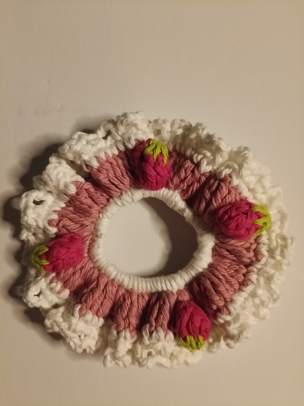 Handmade Pink & White Crochet Floral Scrunchie. 100% Cotton